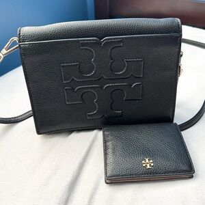 Tory Burch Black BombeT Pebbled Leather Crossbody Shoulder Bag Bifold Wallet SET